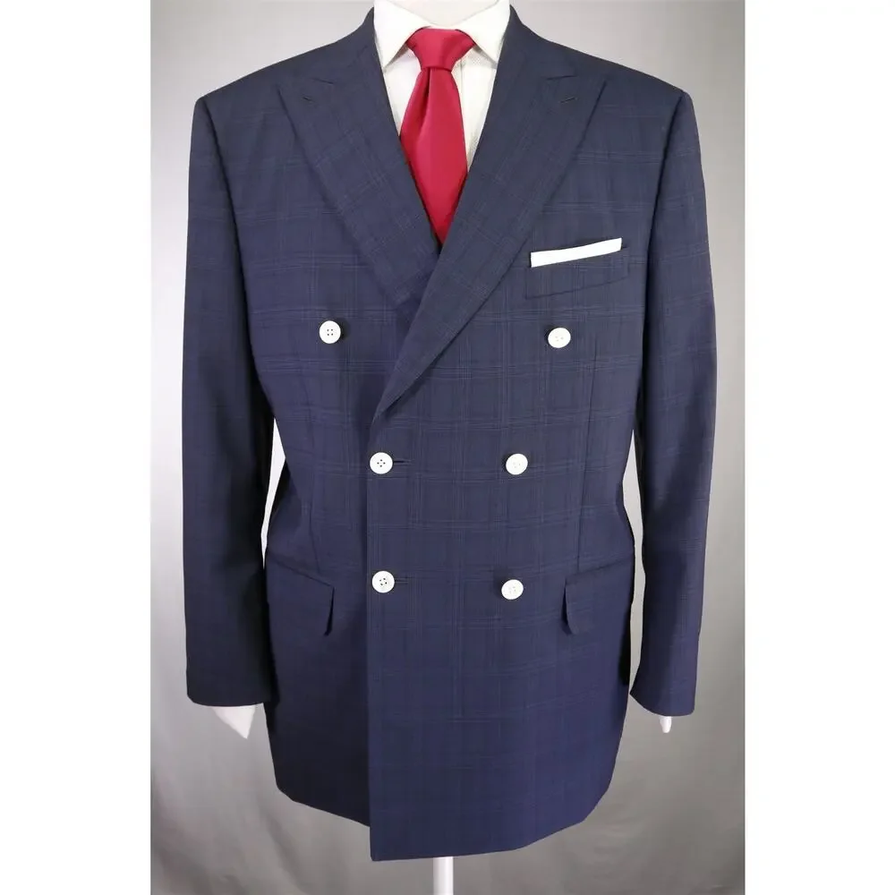 Peter Millar Navy Blue Black Plaid Check Black Double Breasted Wool Suit 44R